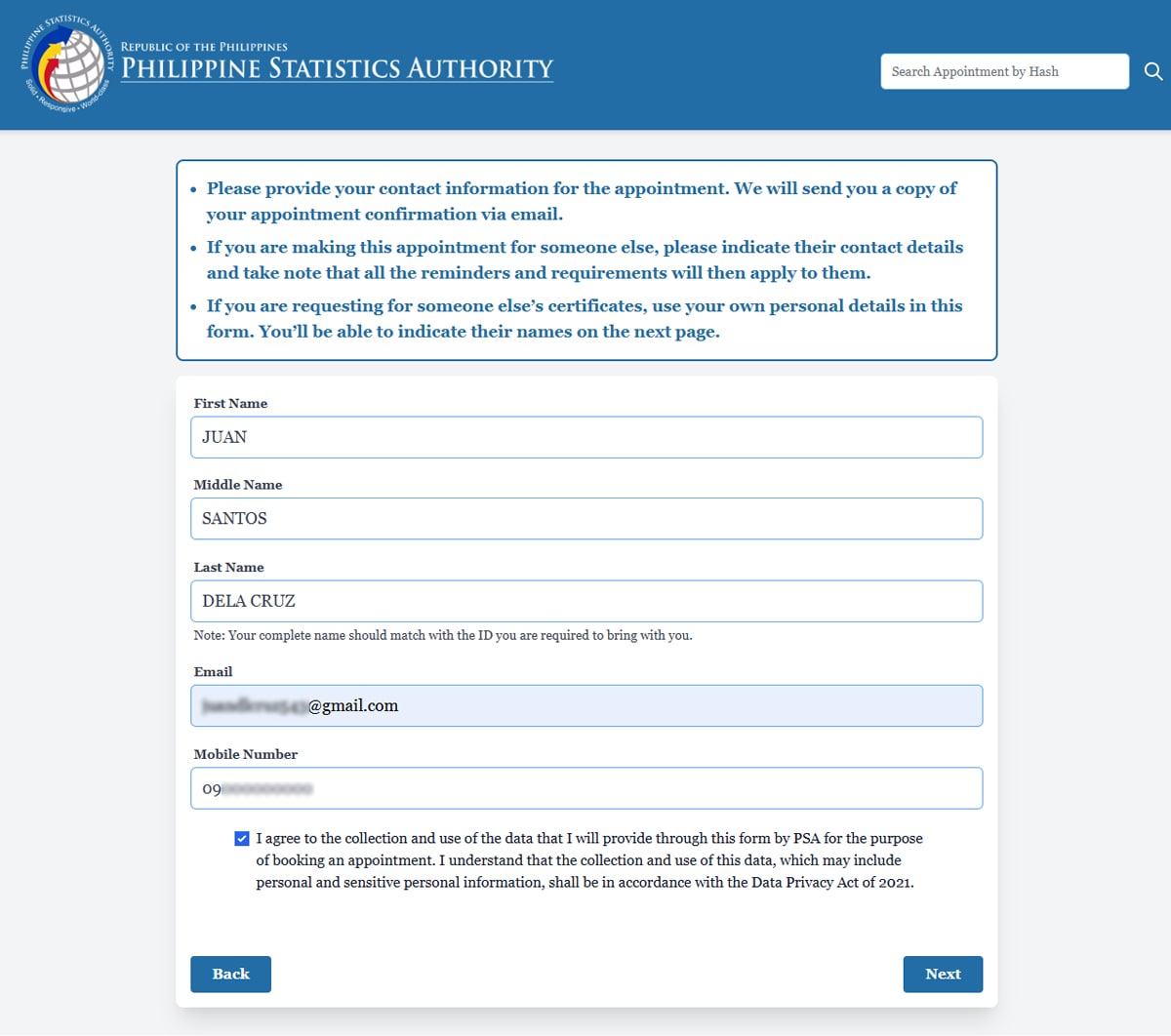 PSA online appointment: Provide personal information to request a PSA certificate